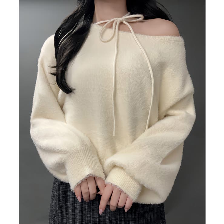 アイボリー | 【紐取り外し可能】ワンショルチョーカーシャギーニットトップス | JUNOAH