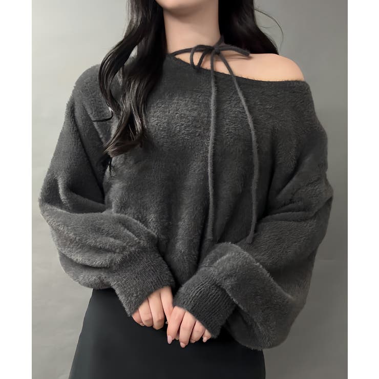 チャコール | 【紐取り外し可能】ワンショルチョーカーシャギーニットトップス | JUNOAH