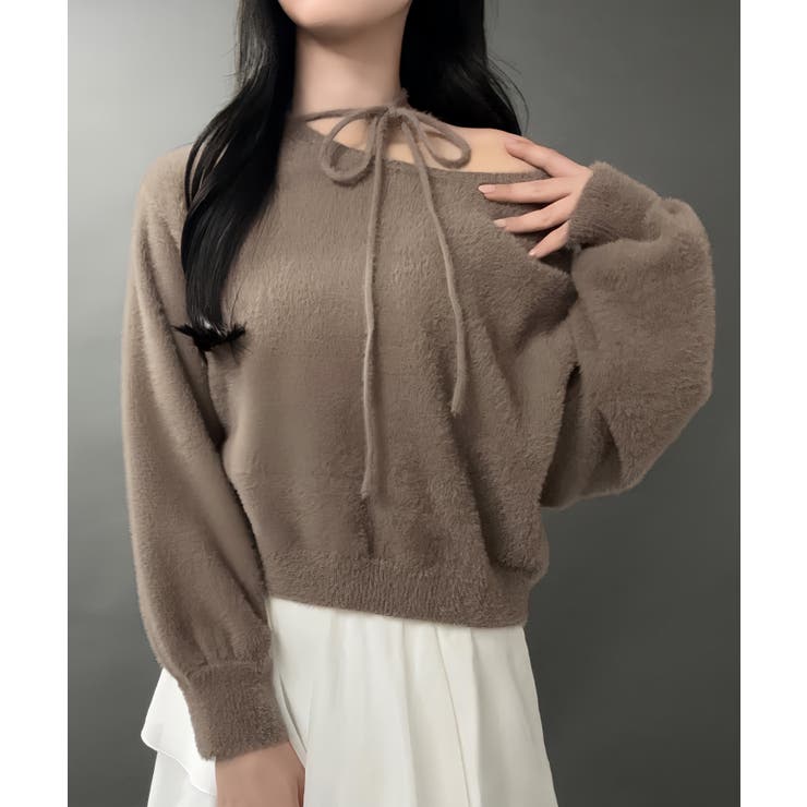 モカ | 【紐取り外し可能】ワンショルチョーカーシャギーニットトップス | JUNOAH