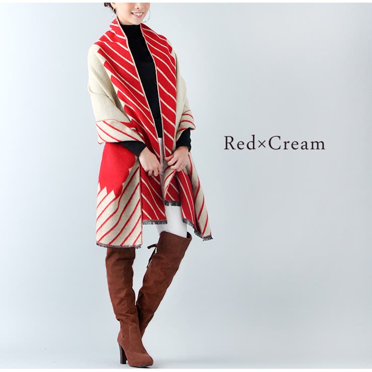 レッド×クリーム | ストライプデザイン大判ストール | JUNOAH