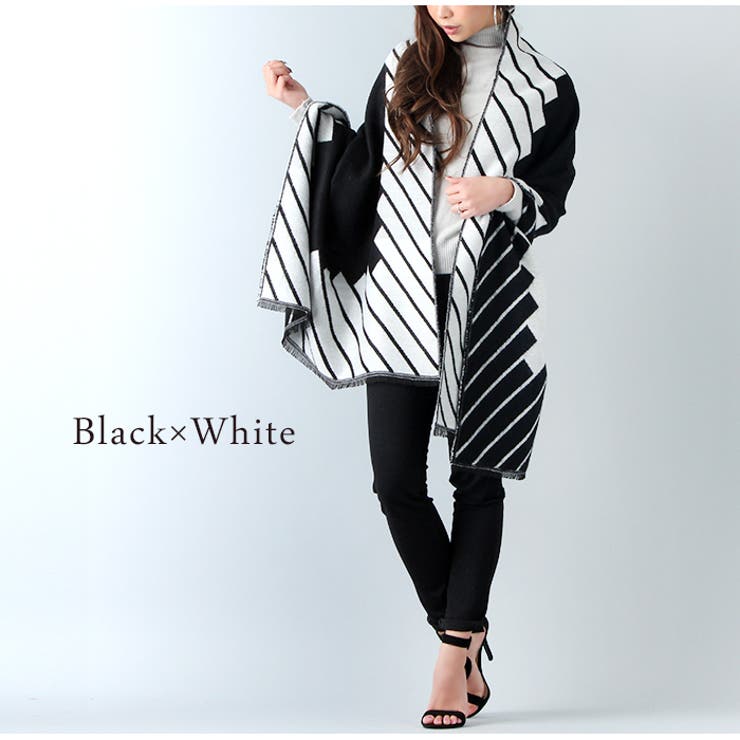 ブラック×ホワイト | ストライプデザイン大判ストール | JUNOAH