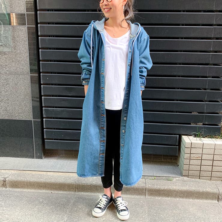 フード付きデニムロングジャケット ゆったり ビッグシルエット | JUNOAH | 詳細画像1