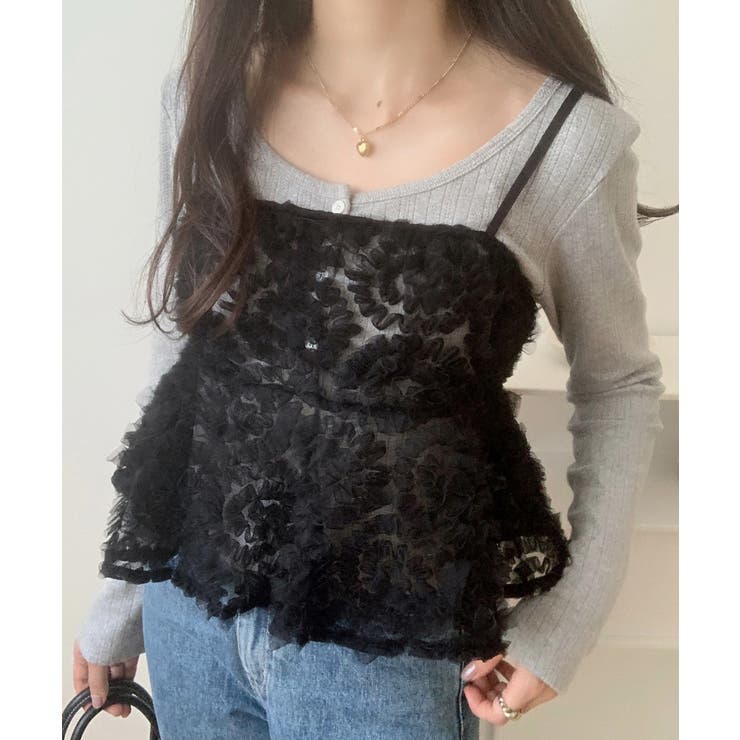 ブラック | レイヤードフラワーモチーフチュールビスチェ | LAUIR