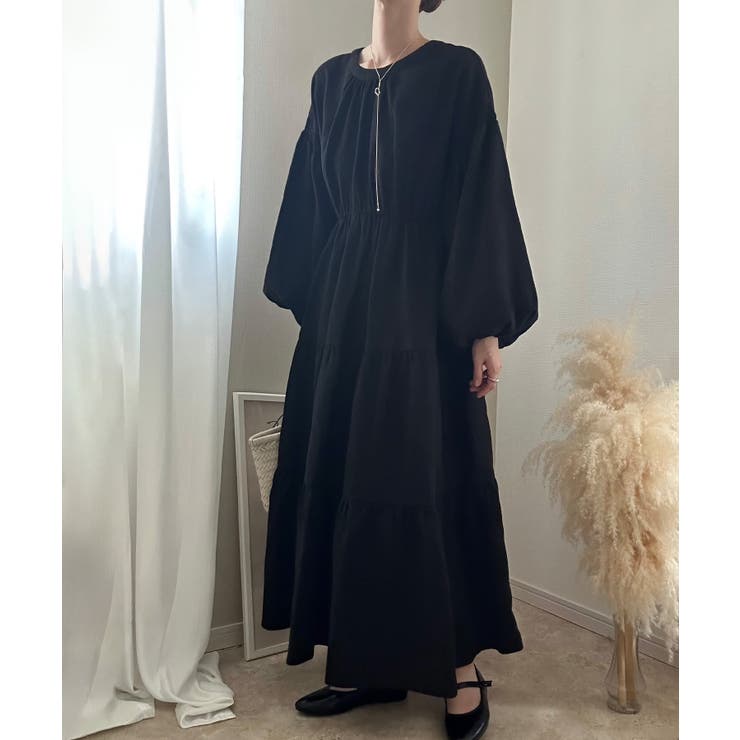 ブラック | バックリボンティアードワンピース（薄手、裏地なし） | LAUIR