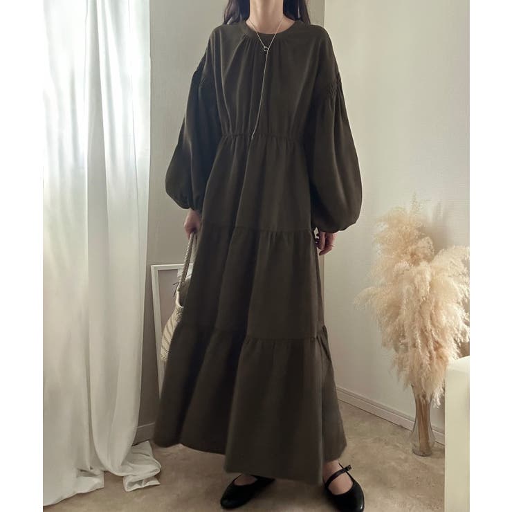 カーキブラウン | バックリボンティアードワンピース（薄手、裏地なし） | LAUIR