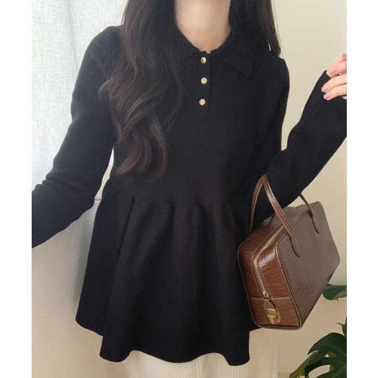 ブラック | ポロ襟ペプラムニットトップス | LAUIR