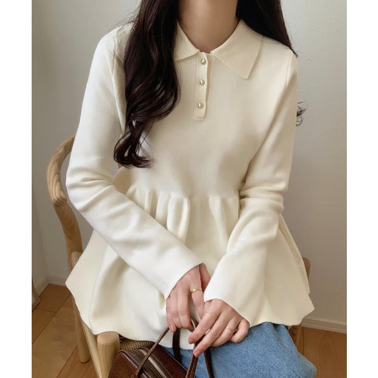 アイボリー | ポロ襟ペプラムニットトップス | LAUIR