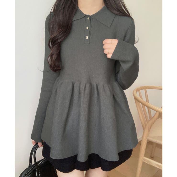 チャコール | ポロ襟ペプラムニットトップス | LAUIR