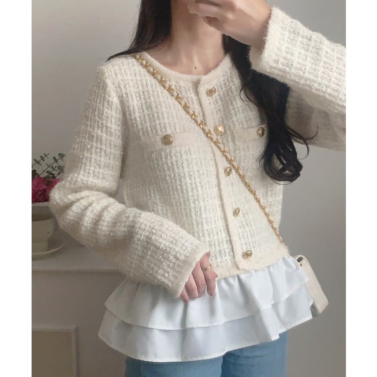 ホワイト | ペプラムツイードニットトップス | LAUIR