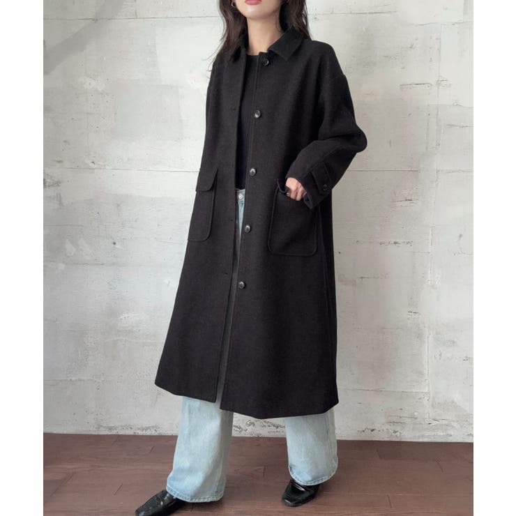 ブラック | ウールライクステンカラーロングコート | LAUIR