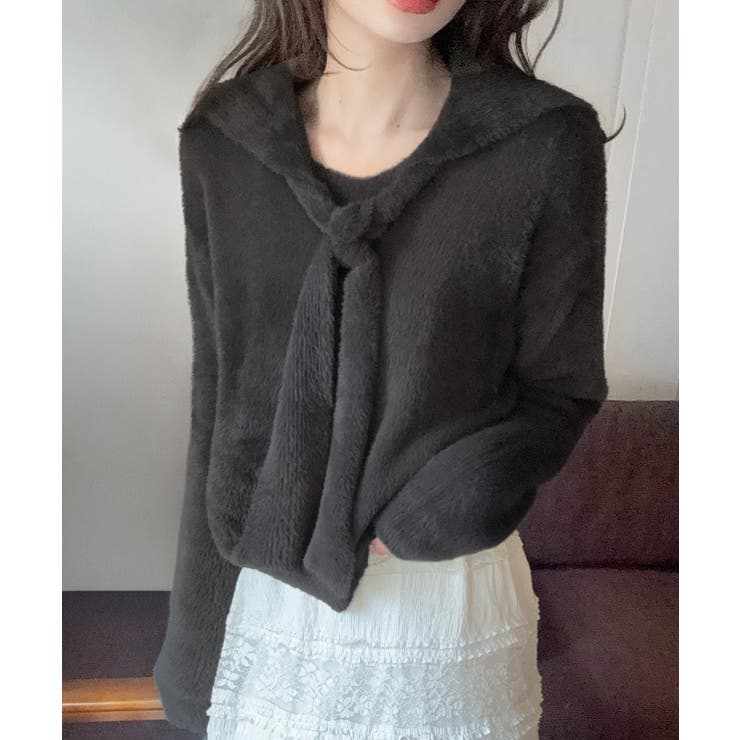 チャコール | リボンシャギーニットプルオーバー | LAUIR