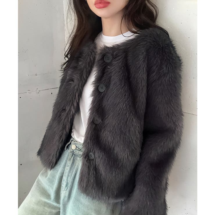 チャコール | ノーカラーフェイクファージャケット | LAUIR