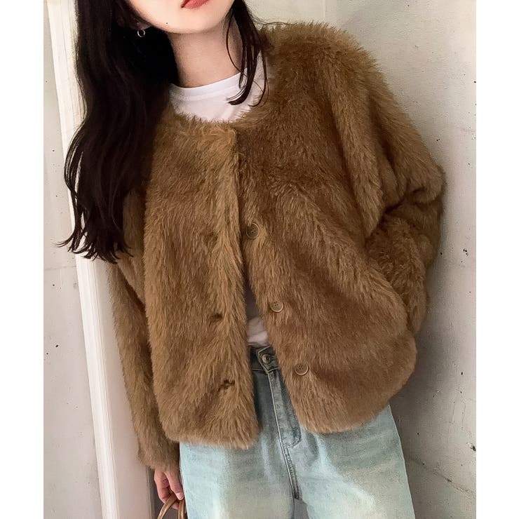 ブラウン | ノーカラーフェイクファージャケット | LAUIR