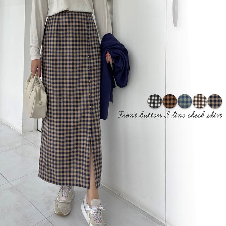 フロントボタンIラインチェックスカート | LAUIR | 詳細画像1 