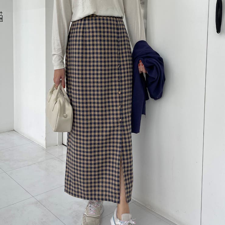 ネイビー | フロントボタンIラインチェックスカート | LAUIR