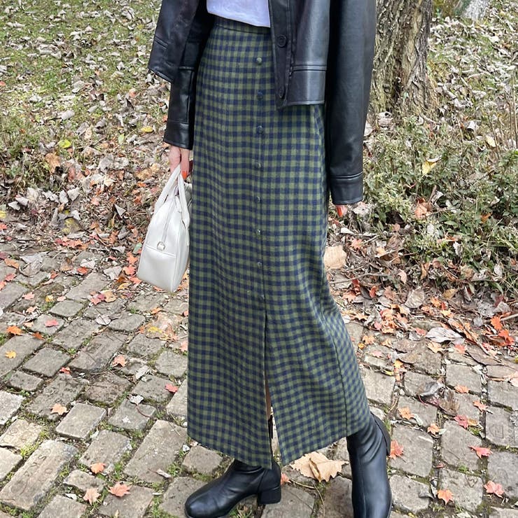 グリーン | フロントボタンIラインチェックスカート | LAUIR