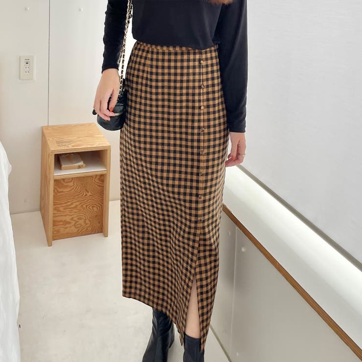 フロントボタンIラインチェックスカート | LAUIR | 詳細画像4 