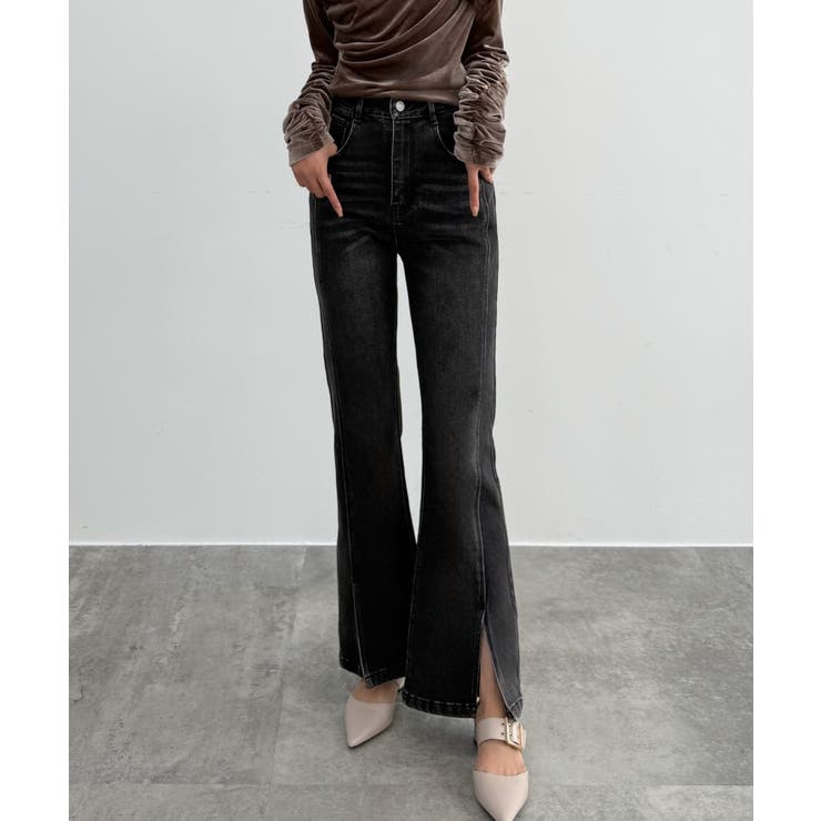 ブラック | CENEA ストレッチスリットフレアデニム | JUNOAH