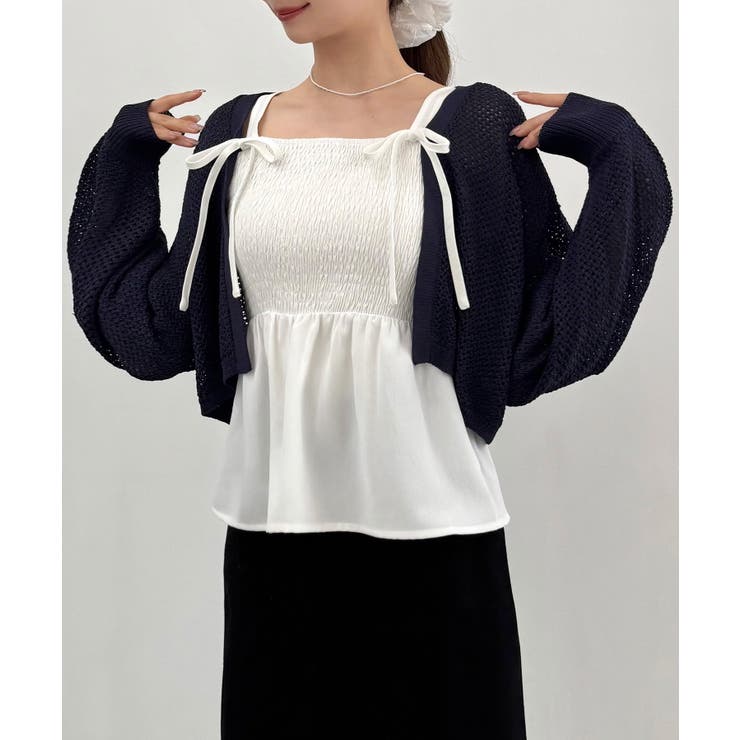 ネイビー | 透かし編みニットボレロ＋リボンキャミset | JUNOAH