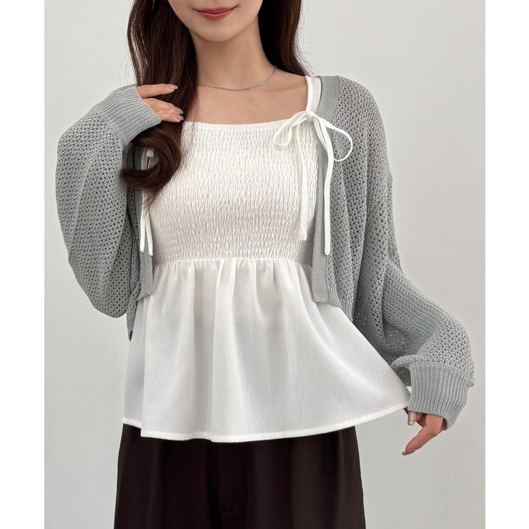 ライトグレー | 透かし編みニットボレロ＋リボンキャミset | JUNOAH