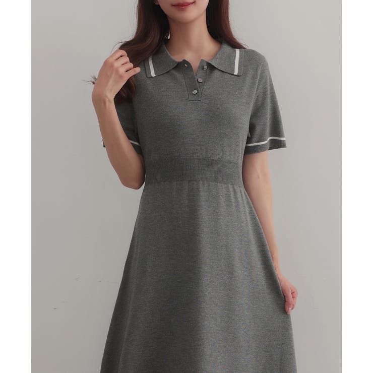 チャコール | CENEA 薄手配色ラインポロニットワンピース【ペチスカートSET】 | JUNOAH