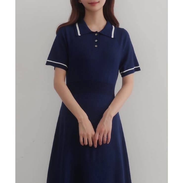 CENEA 薄手配色ラインポロニットワンピース【ペチスカートSET