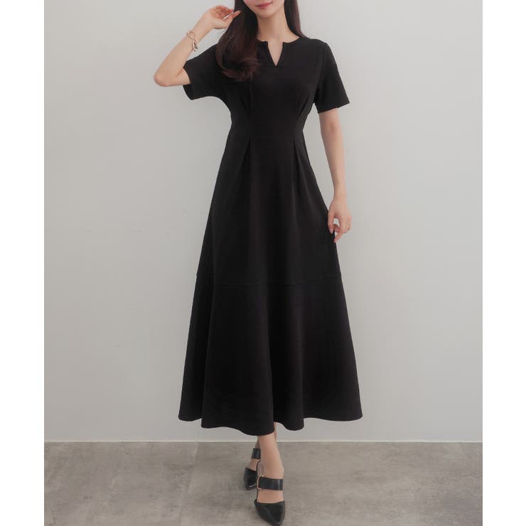 ロング丈 デザイン ワンピース ドレス キーネック 切替 タック入 Callarus ドレス 「Callarus」「結婚式・お呼ばれ・パーティー