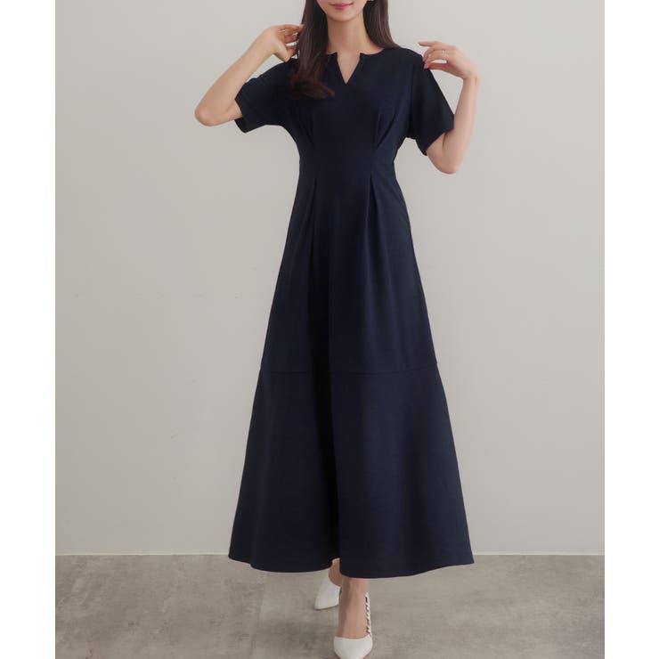 ネイビー | CENEA キーネックタックデザインワンピース | JUNOAH