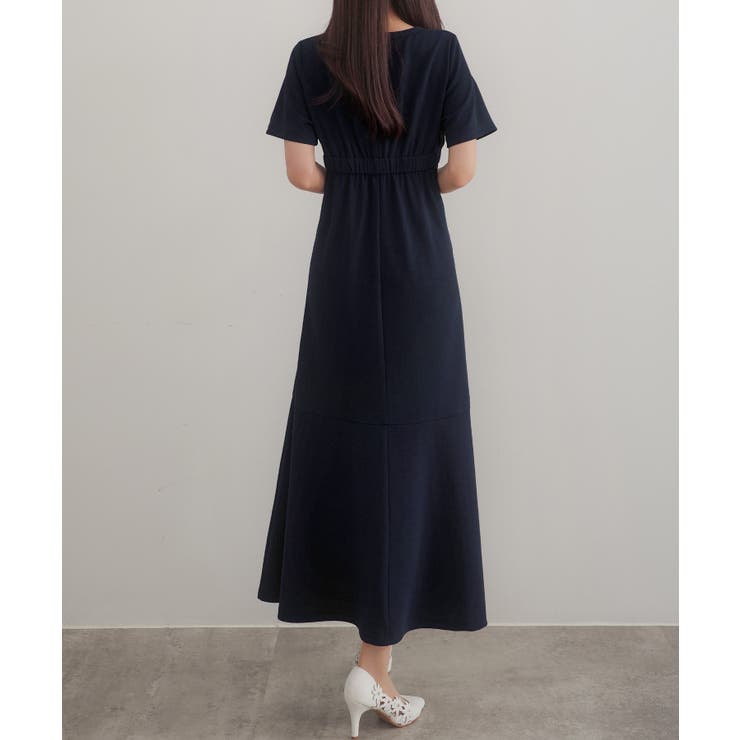 キーネックタックデザインワンピース M ネイビー CENEA セネア CENEA CENEA キーネックタックデザインワンピース