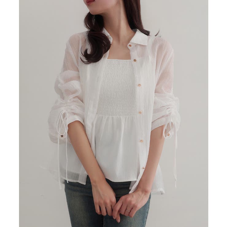 ホワイト | CENEA 袖リボンドロストシャツブラウス | JUNOAH