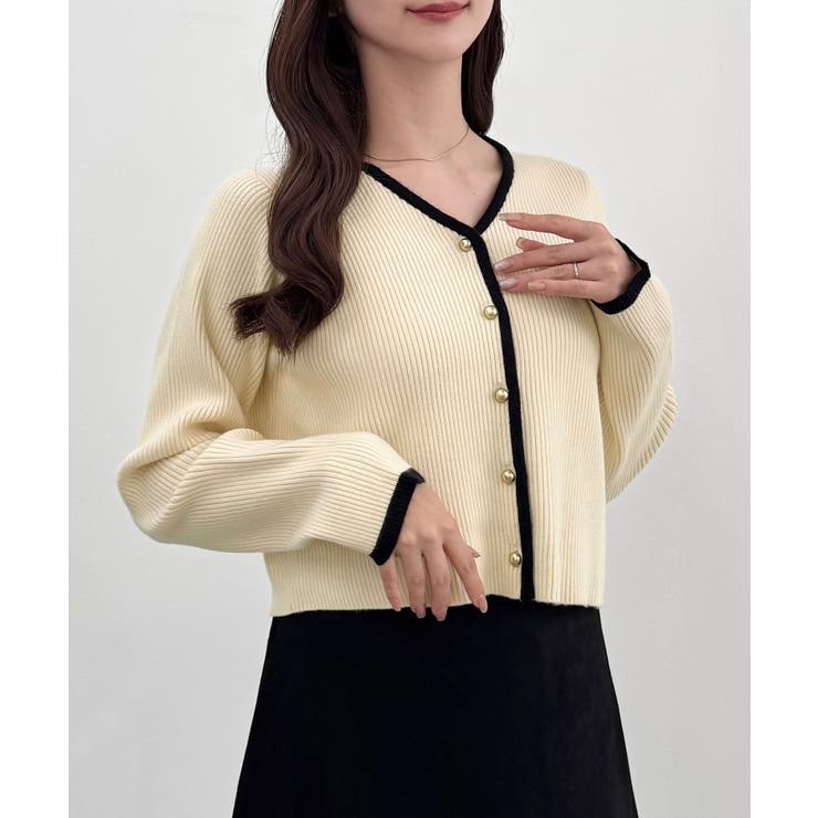 CENEA バイカラーゴールドボタンニットカーディガン[品番：AMTW0012526