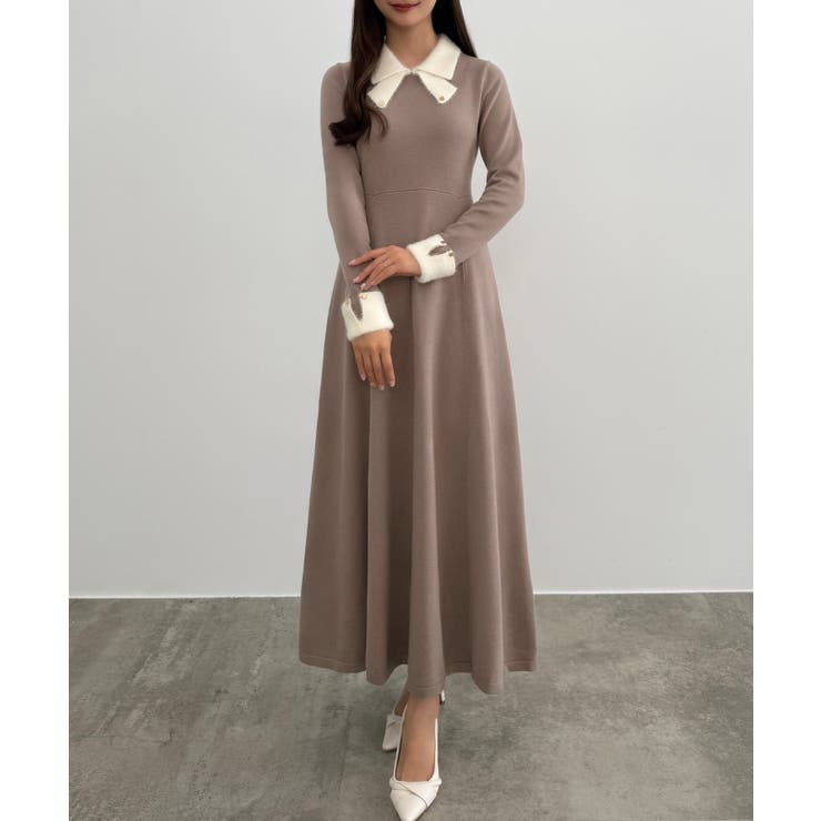 グレージュ | CENEA バイカラーリボンニットワンピース | JUNOAH