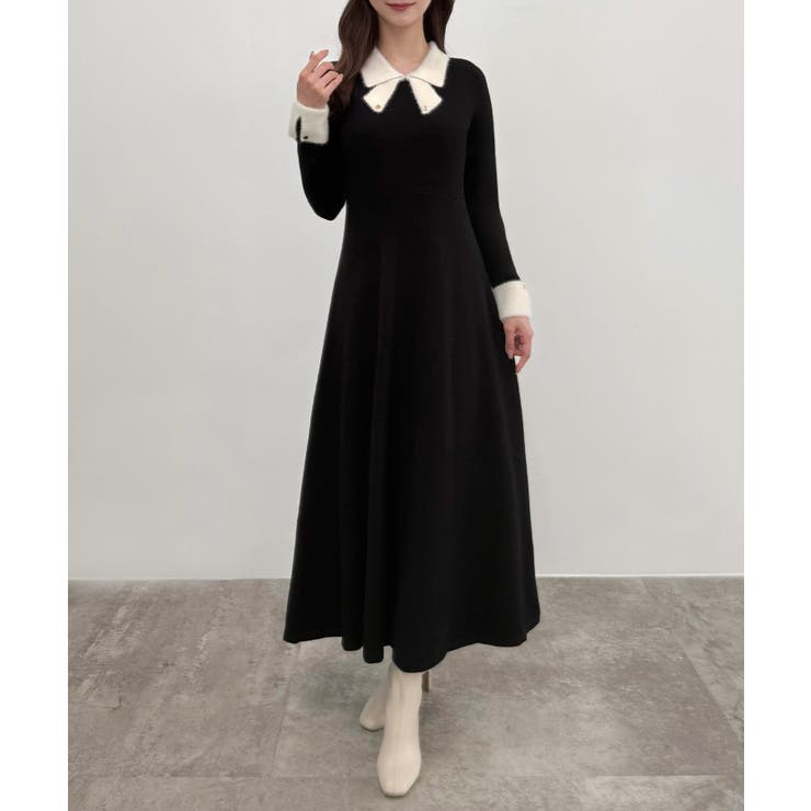 ブラック | CENEA バイカラーリボンニットワンピース | JUNOAH