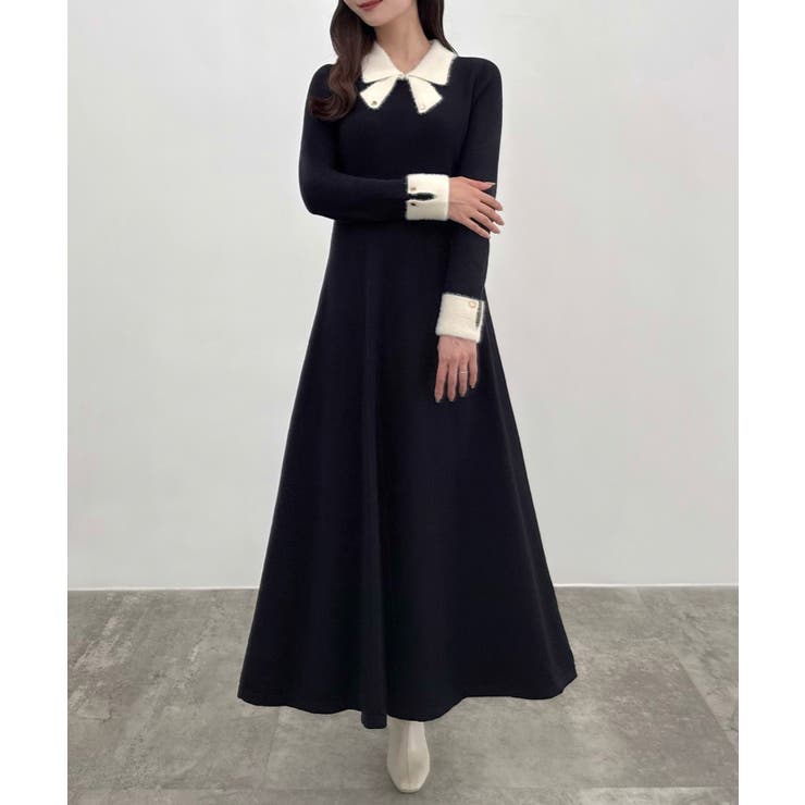 ネイビー | CENEA バイカラーリボンニットワンピース | JUNOAH