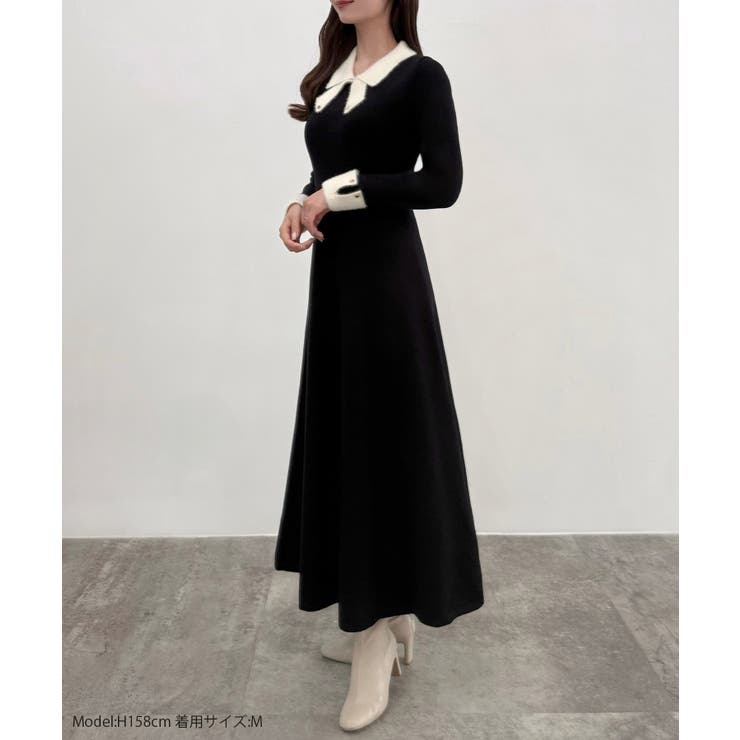 最終価格！M's カタログ ニット 黒 花 リボン フラワー ワンピース セール】フラワードッキングコルセットニットワンピース 花柄