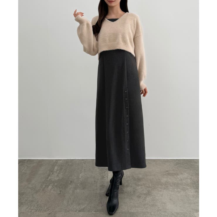 ダークグレー | CENEA シャギーショートニット＋釦スリットキャミワンピースset | JUNOAH