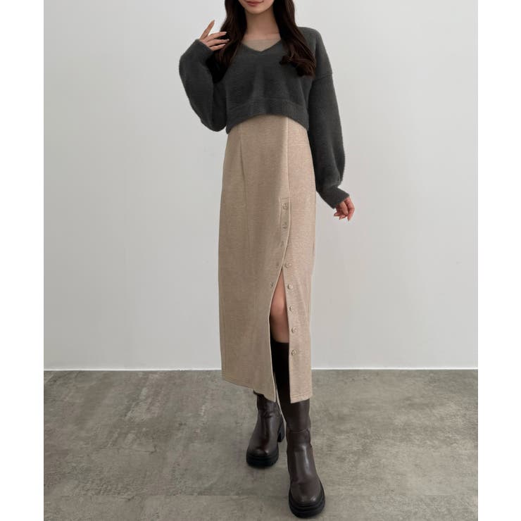 ナチュラル | CENEA シャギーショートニット＋釦スリットキャミワンピースset | JUNOAH