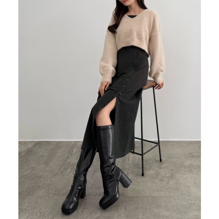 CENEA シャギーショートニット＋釦スリットキャミワンピースset | JUNOAH | 詳細画像4 