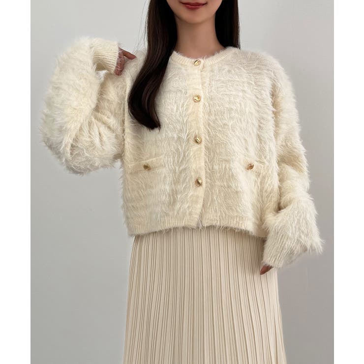 CENEA (薄手)金ボタンシャギーニットカーディガン＋プリーツスカートset | JUNOAH | 詳細画像10 