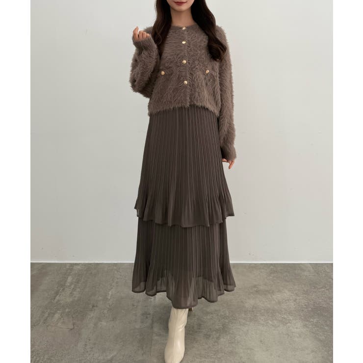 ブラウン | CENEA (薄手)金ボタンシャギーニットカーディガン＋プリーツスカートset | JUNOAH