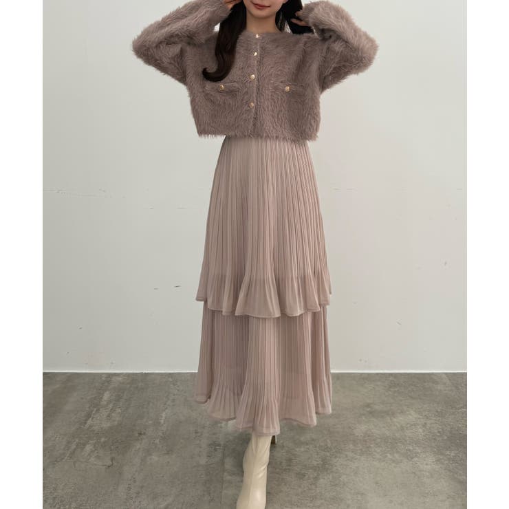 ピンクベージュ | CENEA (薄手)金ボタンシャギーニットカーディガン＋プリーツスカートset | JUNOAH