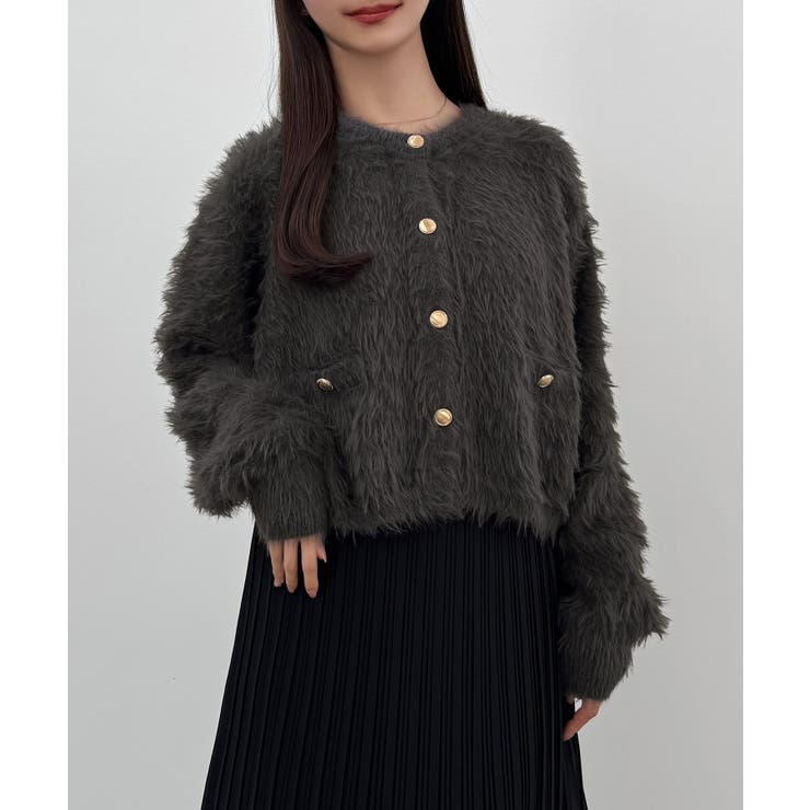 CENEA (薄手)金ボタンシャギーニットカーディガン＋プリーツスカートset | JUNOAH | 詳細画像16 