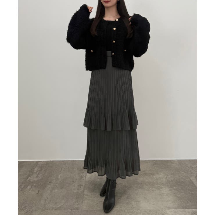 チャコール | CENEA (薄手)金ボタンシャギーニットカーディガン＋プリーツスカートset | JUNOAH