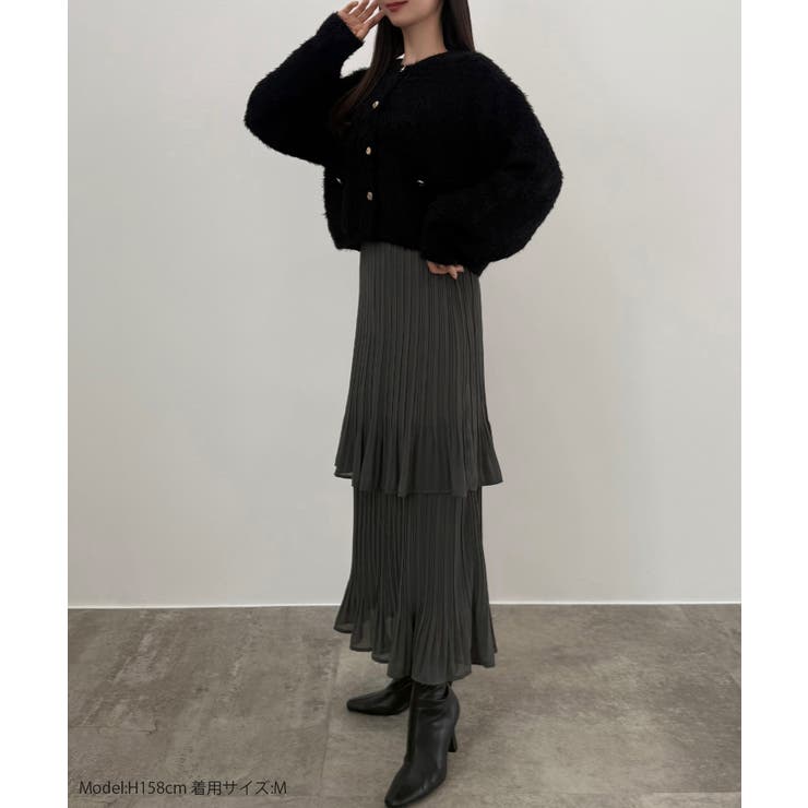 CENEA (薄手)金ボタンシャギーニットカーディガン＋プリーツスカートset | JUNOAH | 詳細画像2 