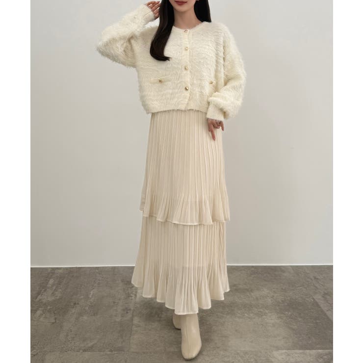アイボリー | CENEA (薄手)金ボタンシャギーニットカーディガン＋プリーツスカートset | JUNOAH