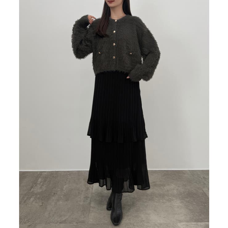 ブラック | CENEA (薄手)金ボタンシャギーニットカーディガン＋プリーツスカートset | JUNOAH