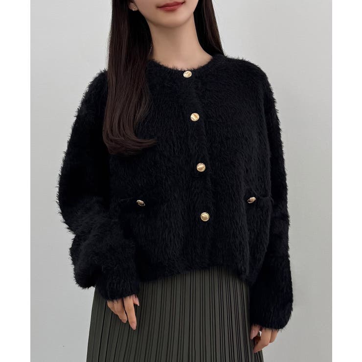 CENEA (薄手)金ボタンシャギーニットカーディガン＋プリーツ