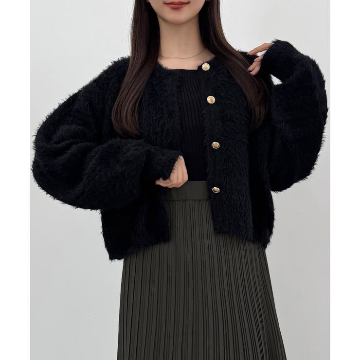 CENEA (薄手)金ボタンシャギーニットカーディガン+プリーツ CENEA (薄手)金ボタンシャギーニットカーディガン+プリーツ