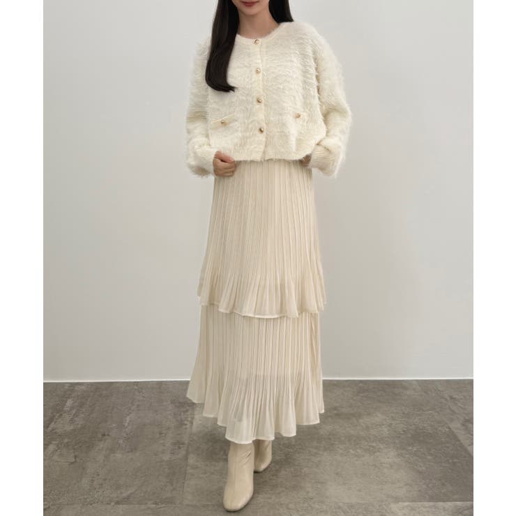 CENEA (薄手)金ボタンシャギーニットカーディガン＋プリーツスカートset | JUNOAH | 詳細画像7 