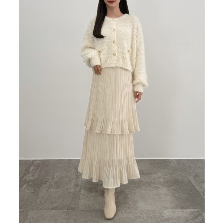 CENEA (薄手)金ボタンシャギーニットカーディガン＋プリーツスカートset | JUNOAH | 詳細画像8 